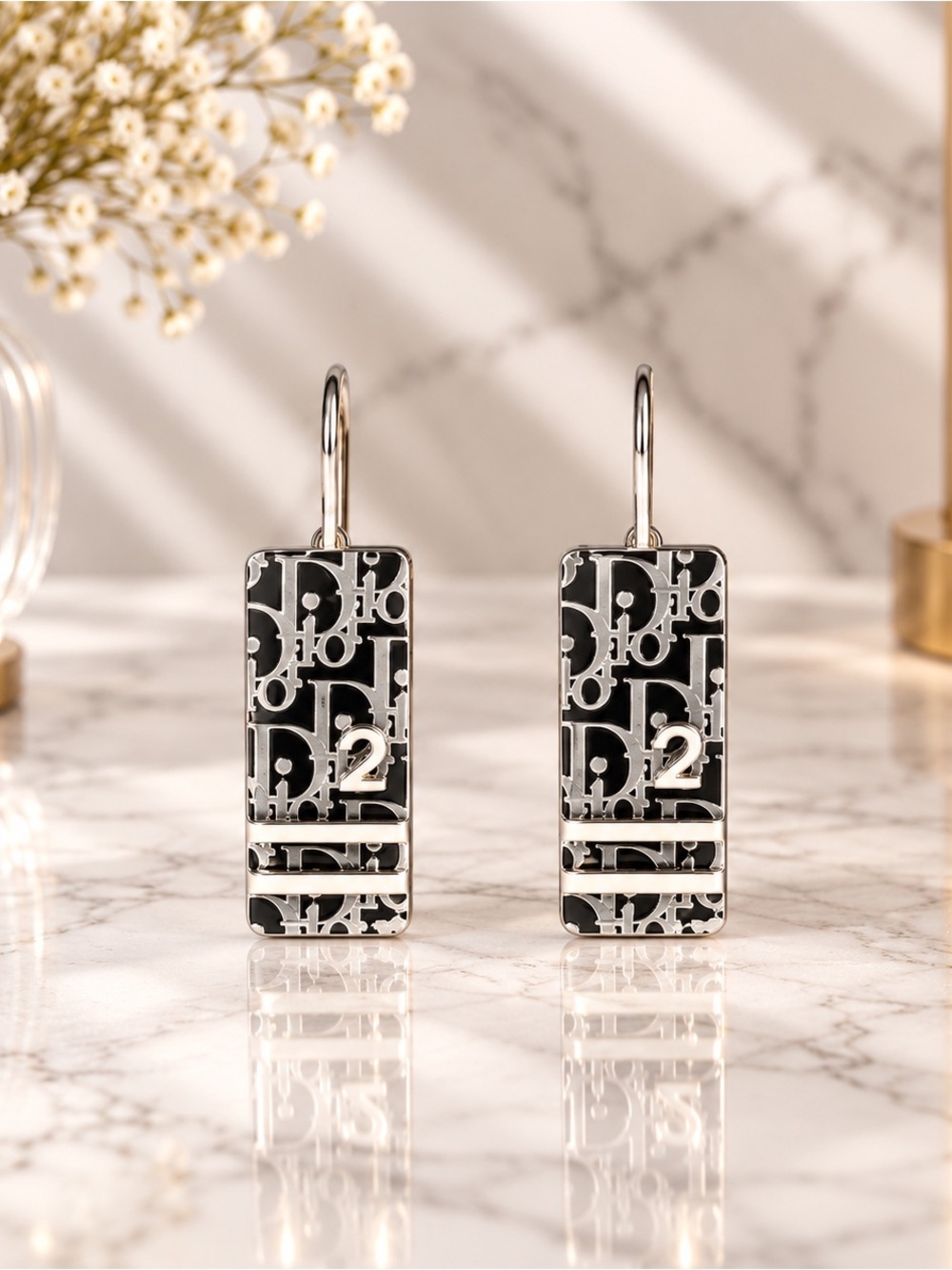 Christian Dior Vintage Black Trotter Logo Dangle Pierced Earrings Silver Y2K